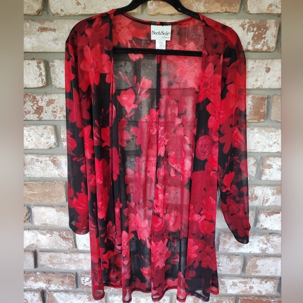 NorthStyle Sheer Floral Cardigan in Red and Black
